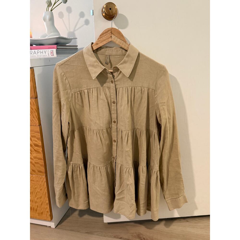 Soyaconcept Linen Blend Tiered Button Blouse Beige Size‎ M Boho Minimalist ✨